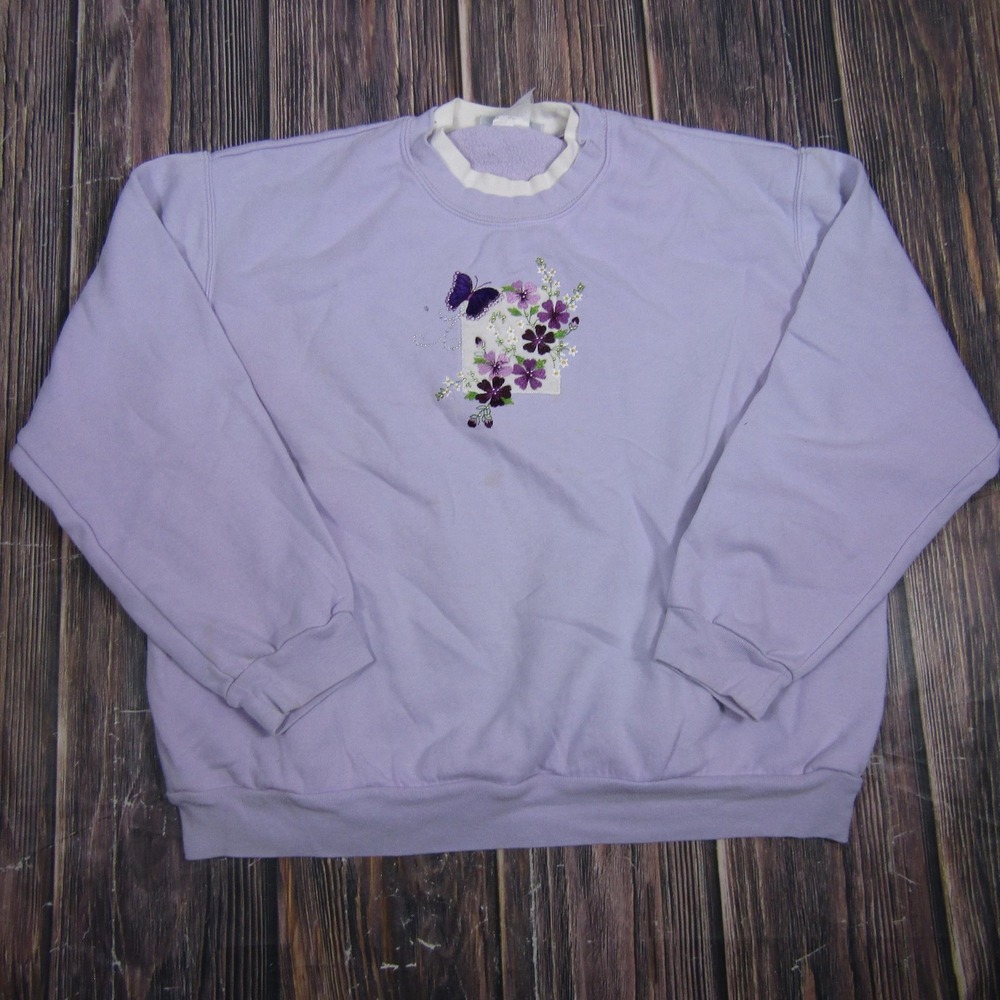 Country Store Womens XL Lavender Purple Butterfly Floral Sweatshirt Granny Core